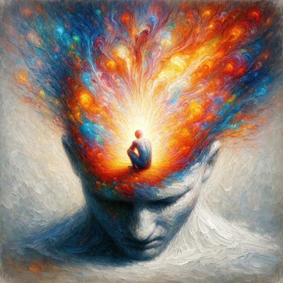 The primary subject of the image is a person's head, which is the main focus of the scene. The setting is a colorful, abstract background that adds a vibrant and artistic touch to the image. The visual style is a combination of digital art and illustration, creating a unique and eye-catching representation of the person's head. The colors and mood of the image are predominantly warm and lively, with the bright colors of the background complementing the person's head and creating a sense of